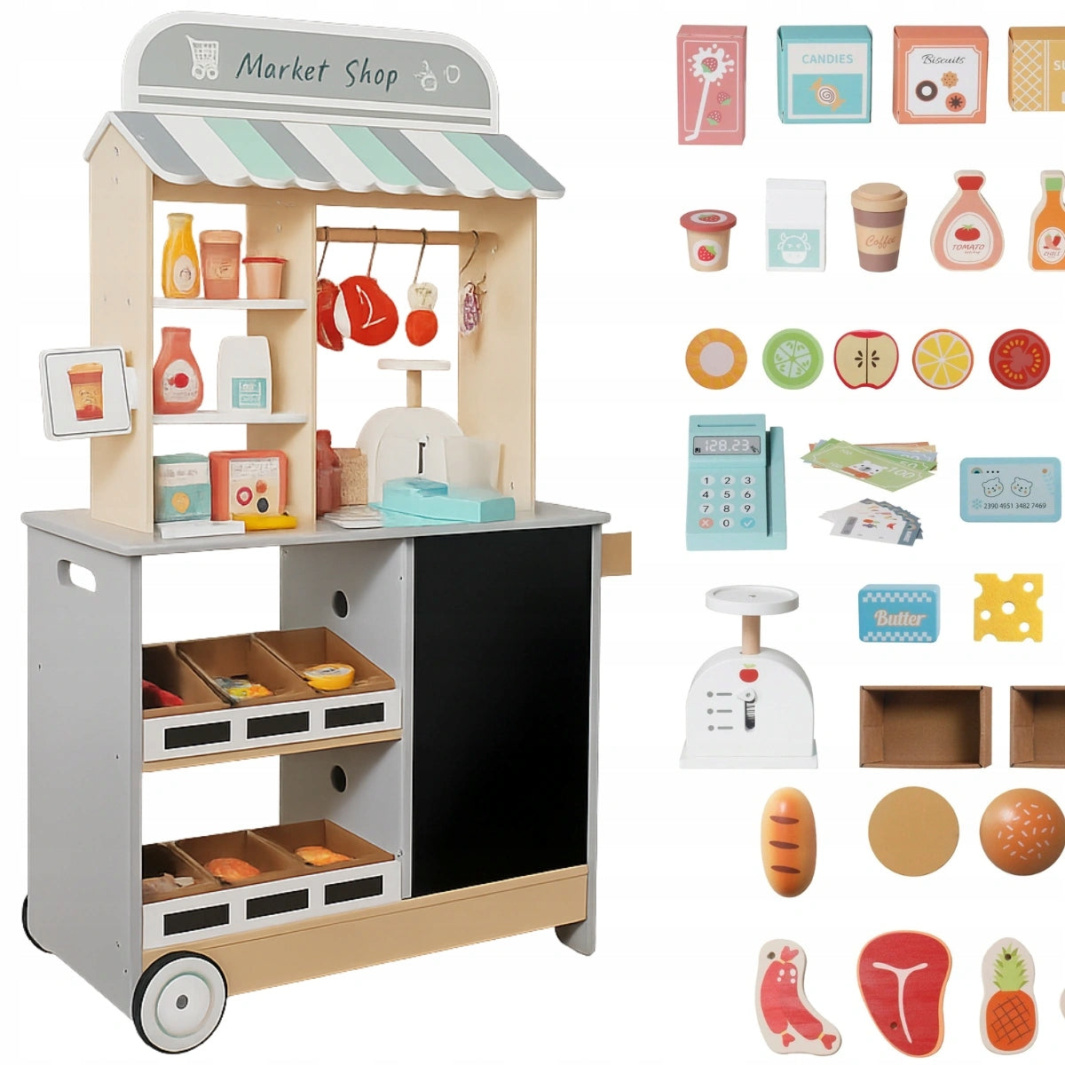 LARGE CHILDREN'S SHOP STALL SUPERMARKET XL WOODEN GROCERY STORE FOR FUN Packaging status original