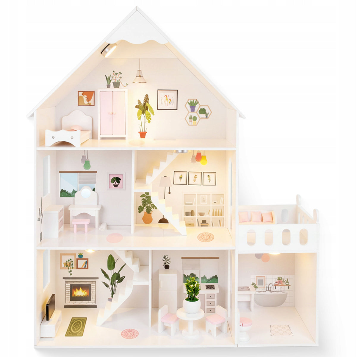 LARGE DOLLHOUSE WOODEN KINDERPLAY LED VILLA XXL 118CM FURNITURE GARAGE