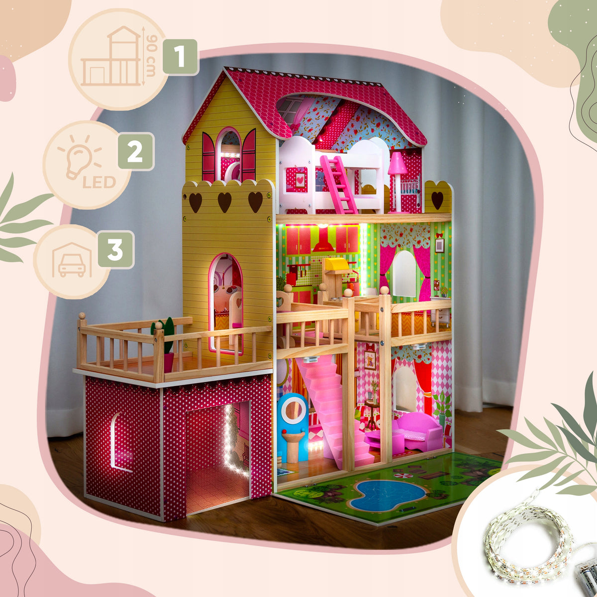 LARGE DOLLHOUSE WOODEN KINDERPLAY LED VILLA XXL FURNITURE GARAGE 90CM Packaging status original
