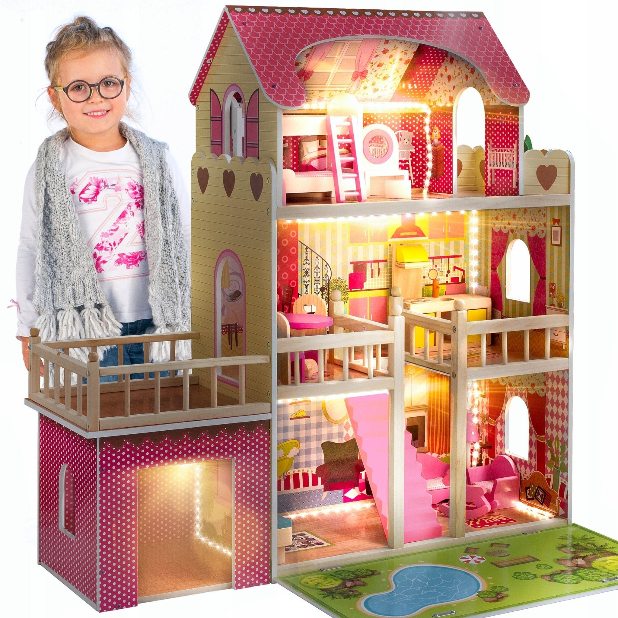LARGE DOLLHOUSE WOODEN KINDERPLAY LED VILLA XXL FURNITURE GARAGE 90CM