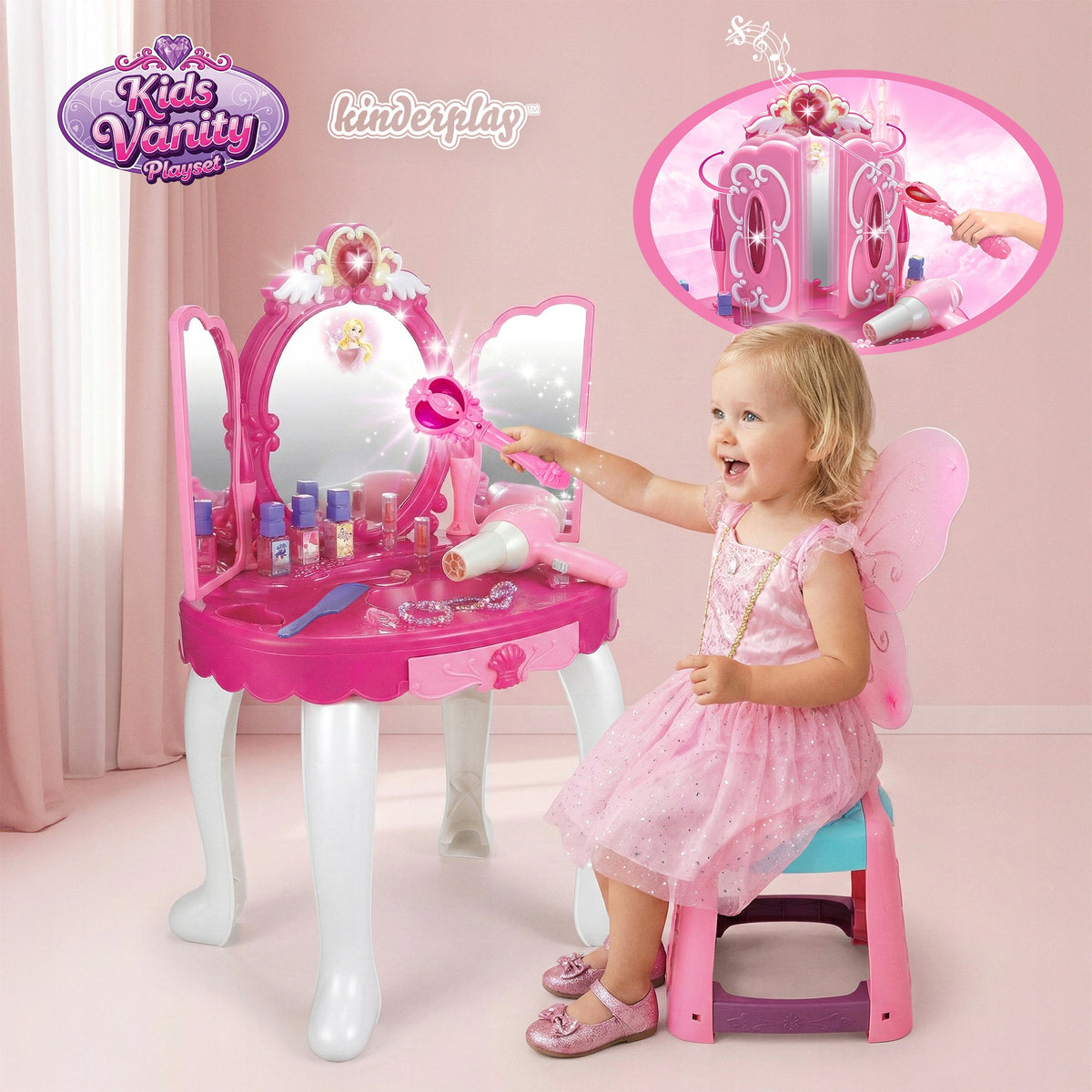 LARGE DRESSING TABLE FOR CHILDREN GIRLS WITH MIRROR DRYER SOUNDS OF LIGHT MP3 Packaging status original