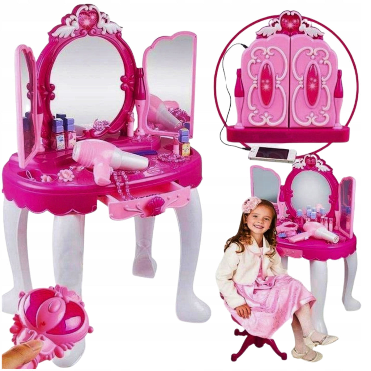 LARGE DRESSING TABLE FOR GIRLS PINK SOUNDS MP3 LIGHTS + ACCESSORIES