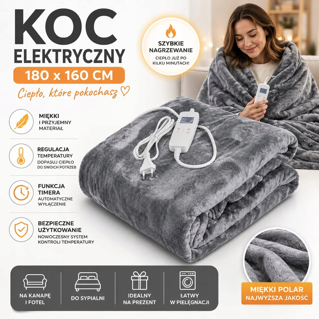 LARGE ELECTRIC BLANKET 180x160 HEATING MAT with remote control grey Packaging status original