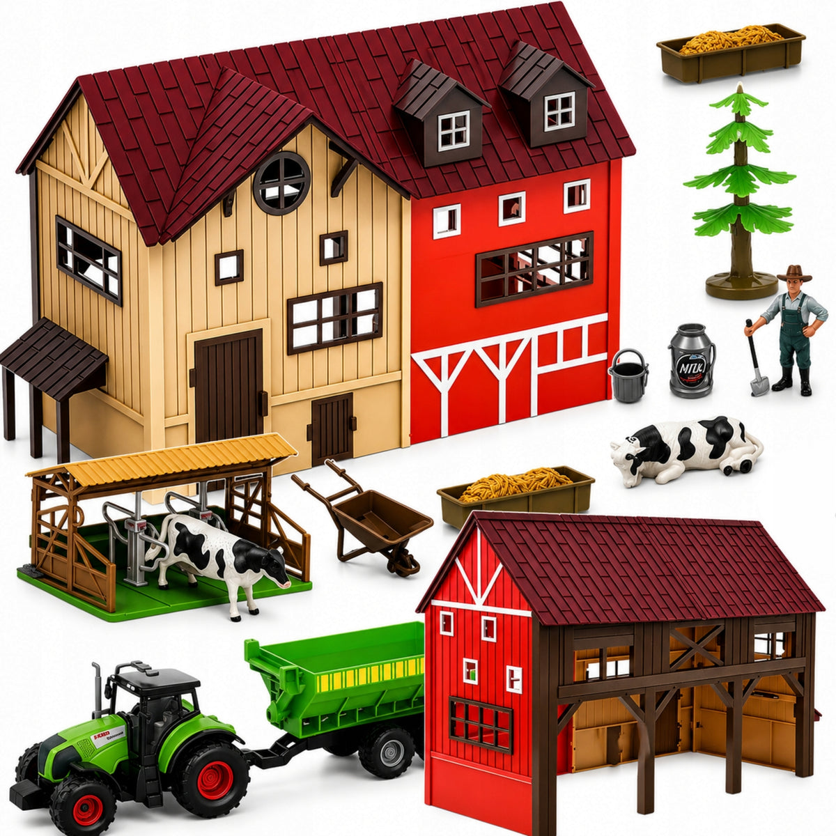 LARGE FARM SET Barn House Farm Tractor Figurines Animals 2in1