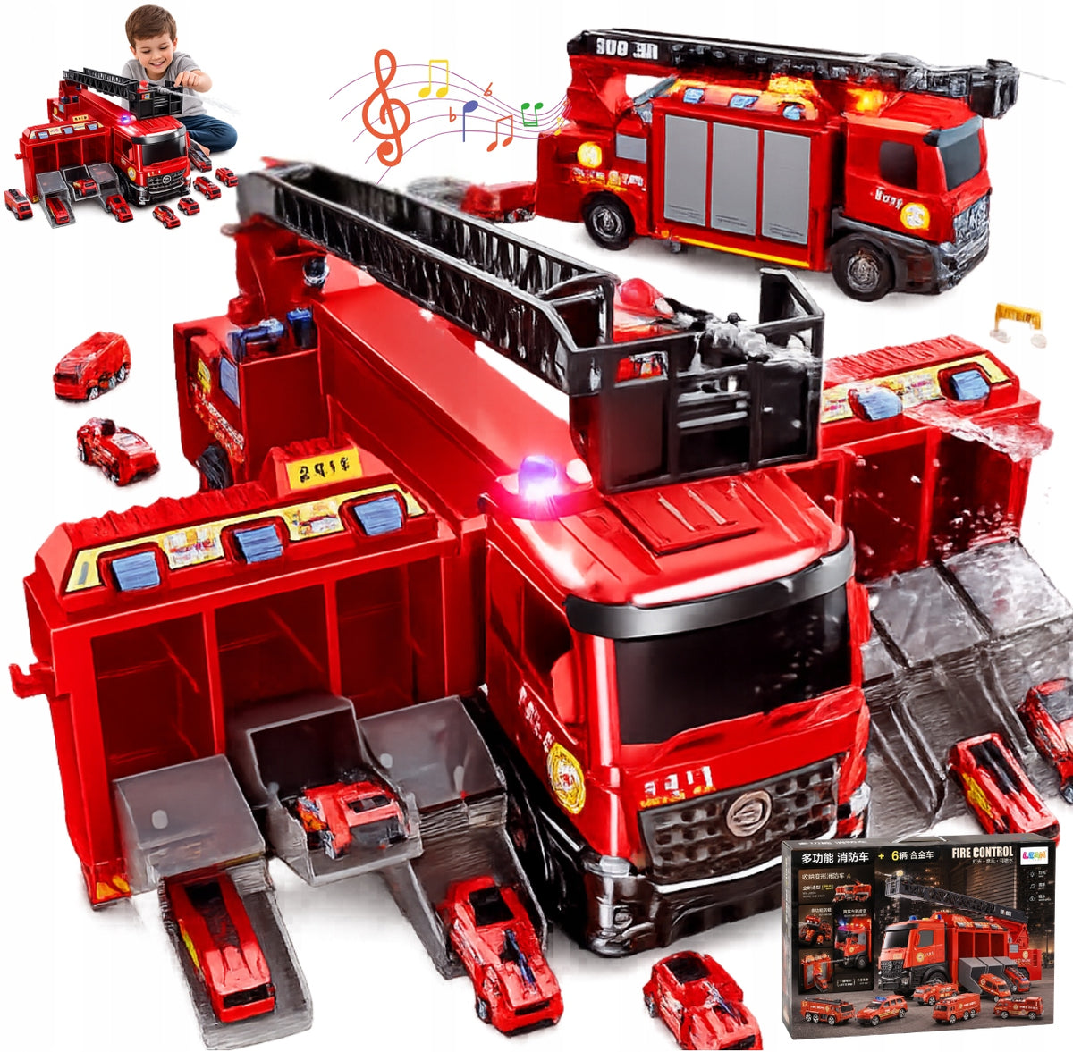 LARGE FIRE TRUCK 7IN1 SHOOTS CARS POURING WATER LADDER GARAGE SOUND 6 CARS