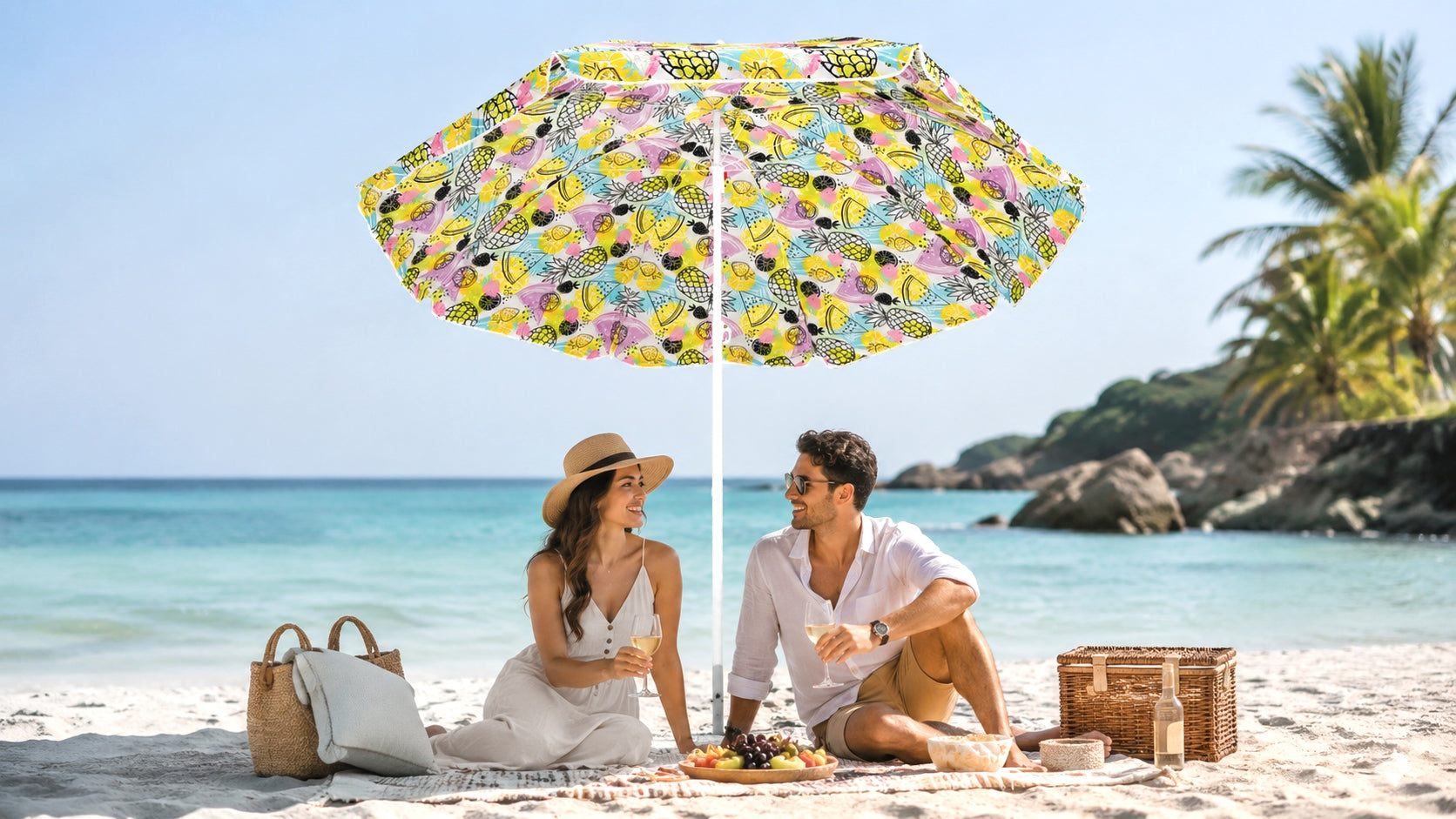 LARGE GARDEN BEACH UMBRELLA WITH FRILL FOLDING BROKEN UV+ PINEAPPLES 220 cm. Manufacturer code SDH524