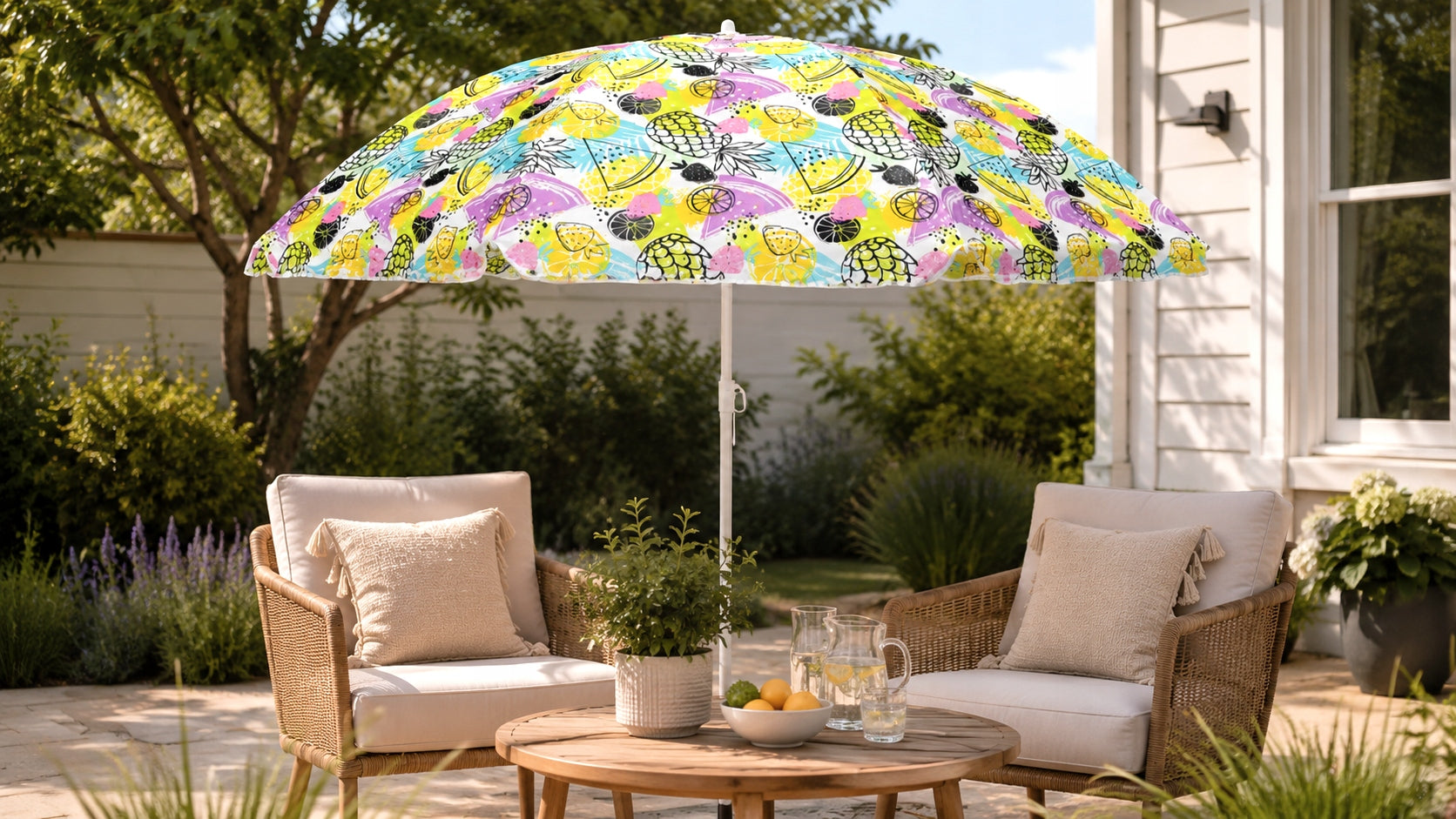 LARGE GARDEN BEACH UMBRELLA WITH FRILL FOLDING BROKEN UV+ PINEAPPLES 220 cm. Packaging status original
