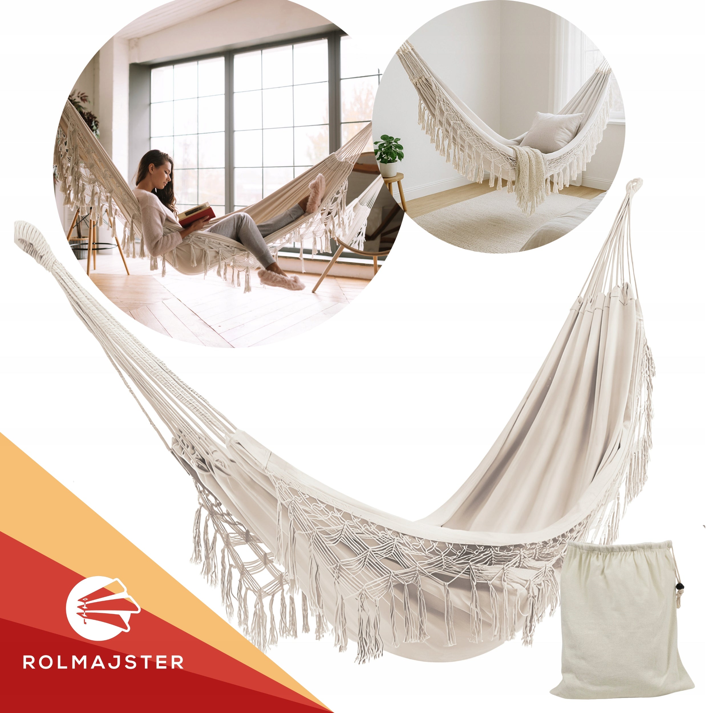LARGE Garden Hammock BOHO Tassels Hiking Hammock For Balcony LIGHT BEIGE Packaging status original