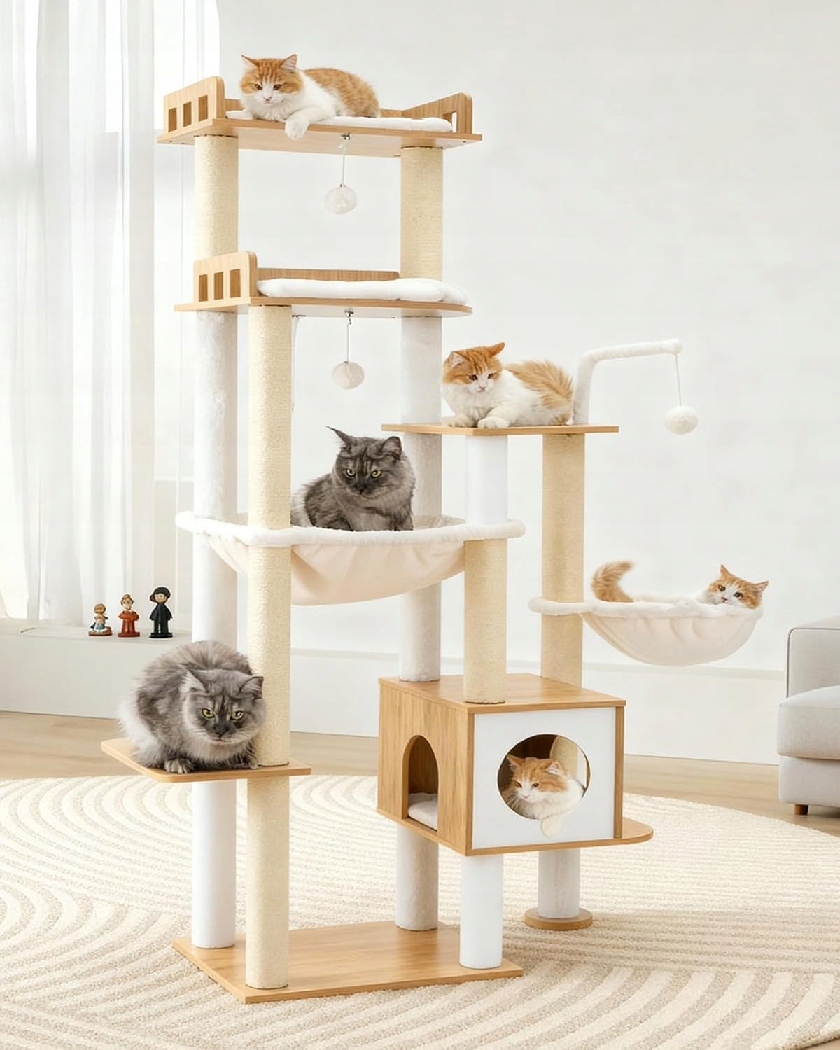 LARGE HIGH SCRATCHING POST FOR CATS WITH BOOTH AND HAMMOCKS 184 CM WALNUT COLOR Manufacturer code DUŻY WYSOKI DRAPAK DLA KOTÓW