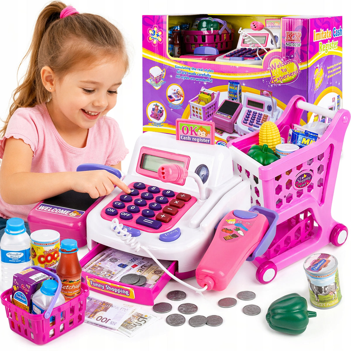 LARGE INTERACTIVE CASH REGISTER FOR KIDS BASKET STROLLER + ACCESSORIES Gift