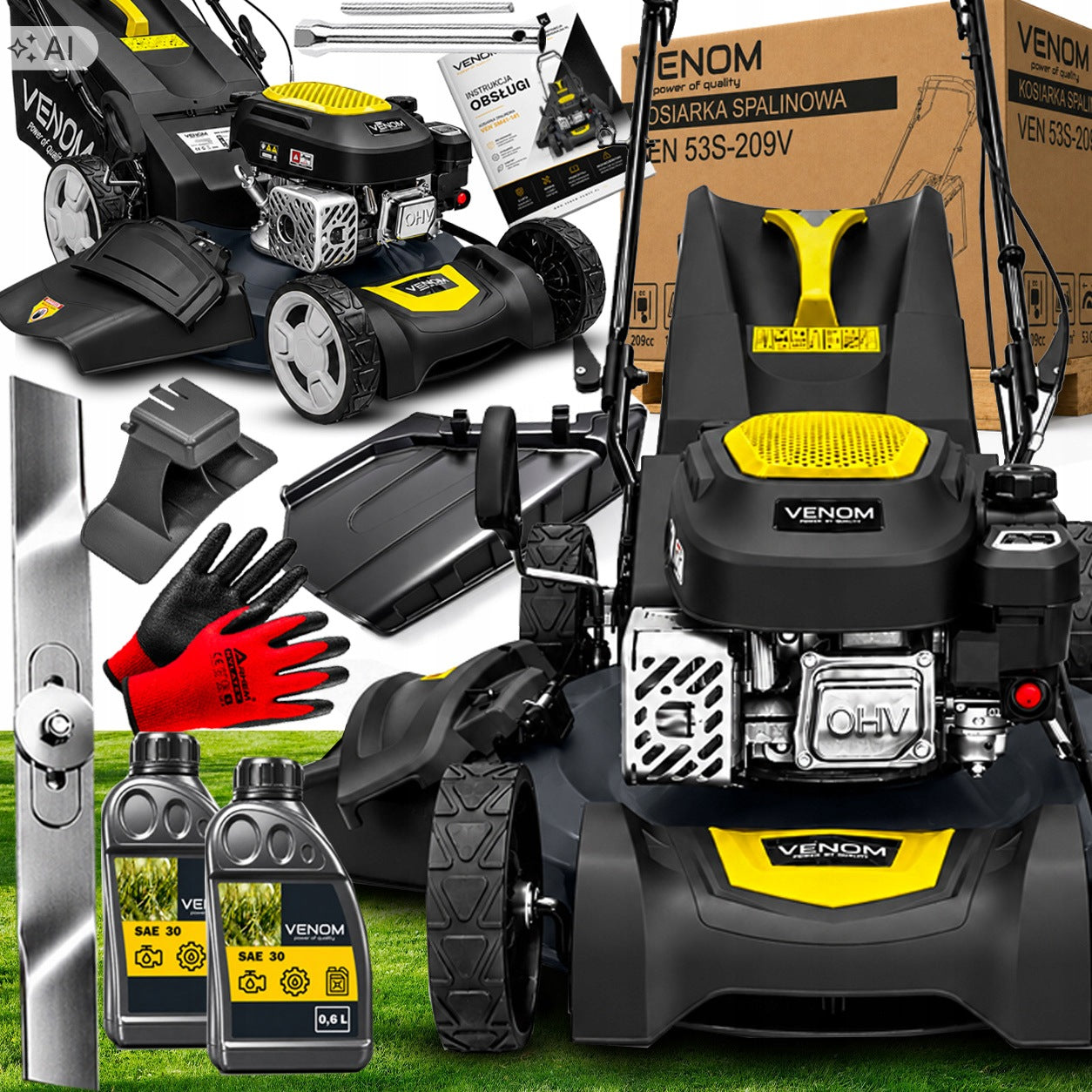 LARGE LAWN MOWER VENOM 53cm MULCH STRONG 209cc PRO 9in1 DRIVE