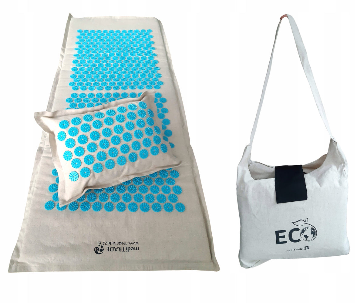 LARGE LINEN SPIKE MAT WITH ACUPRESSURE PILLOW WITH COCONUT ECO XXL BAG Color blue
