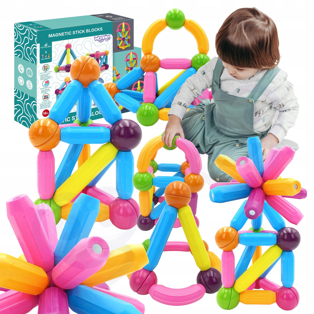 LARGE MAGNETIC BUILDING BLOCKS EDUCATIONAL STICKS XXL 38el. WOOPIE