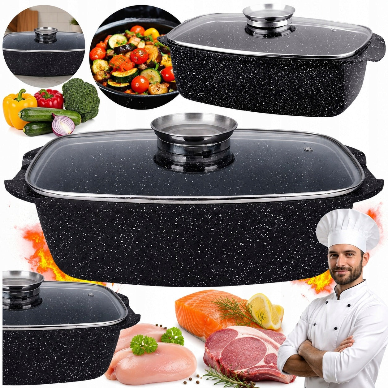 LARGE PAN MARBLED CERAMIC POT HEAVY NON-STICK AROMA