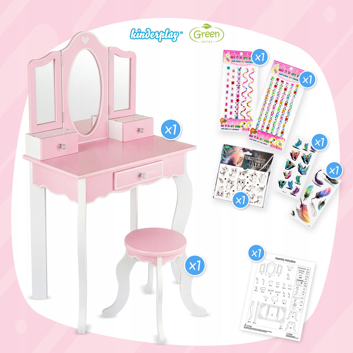 LARGE PINK WOODEN DRESSING TABLE FOR GIRLS CHILDREN KINDERPLAY STICKERS Manufacturer code GS3303
