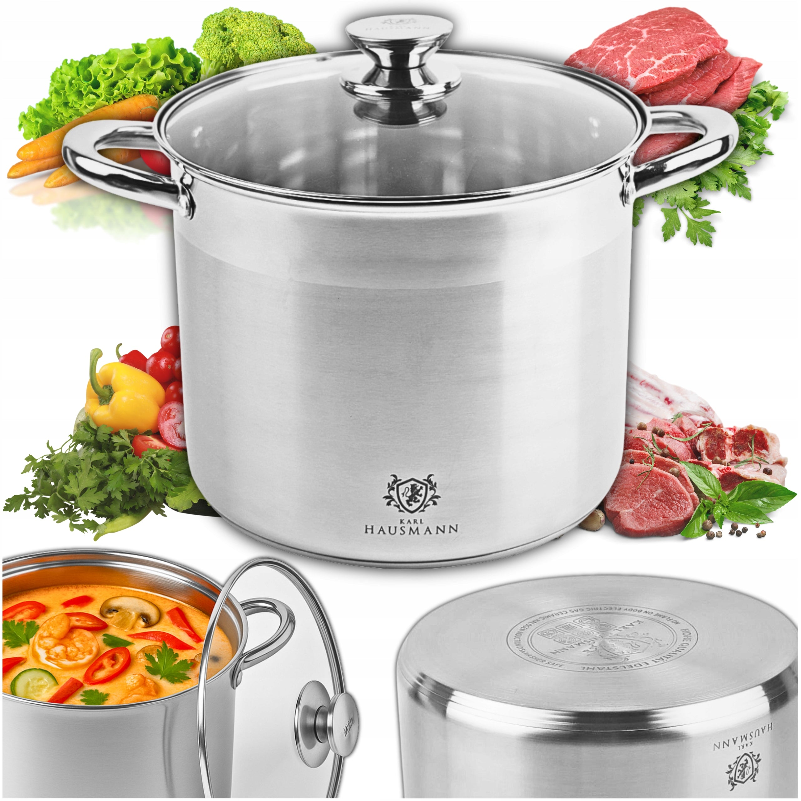LARGE POT 22,5L INDUCTION GAS STEEL POT HIGH LID GASTRO SOLID