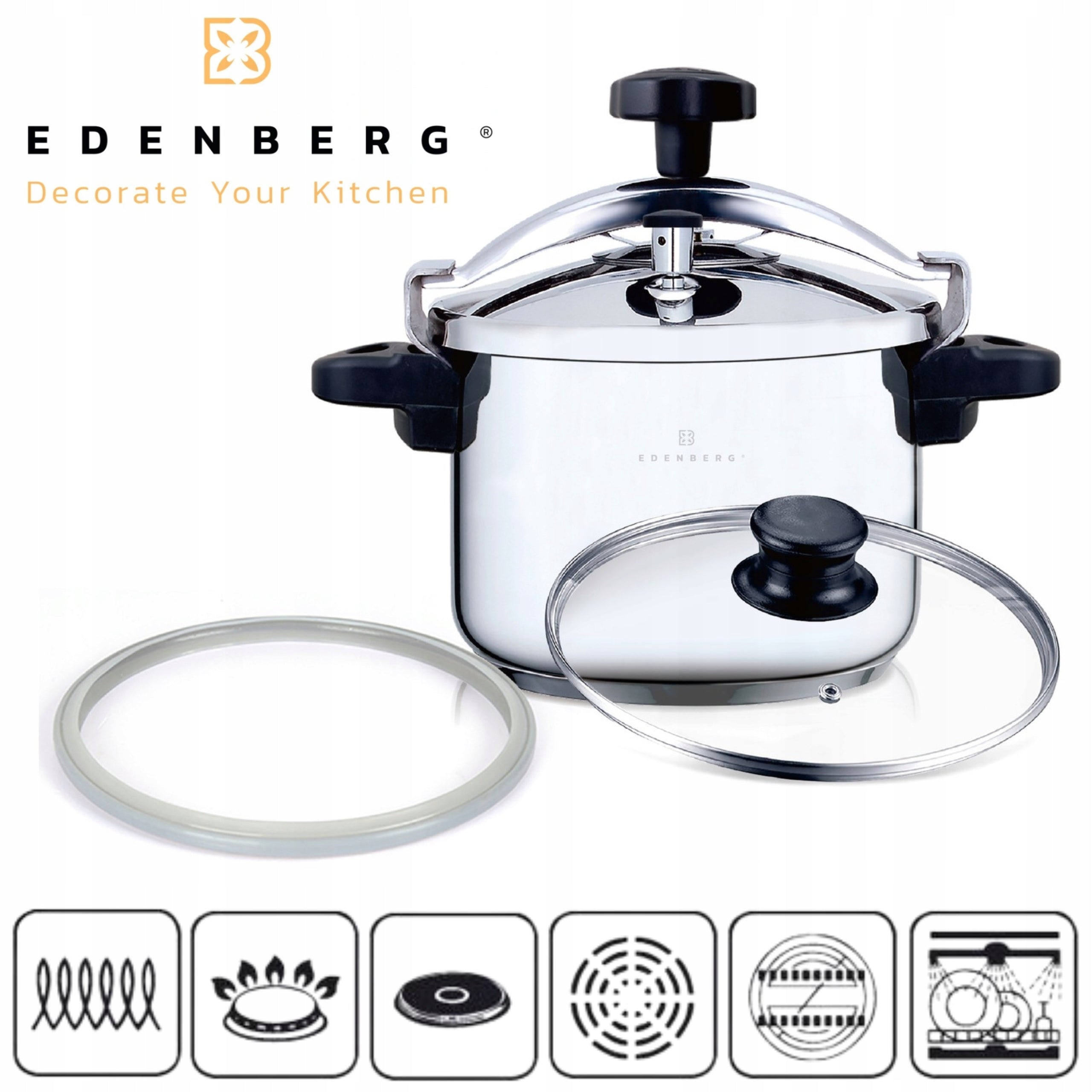 LARGE PRESSURE POT 7.0L PRESSURE COOKER 2in1 STEEL 18/8 INDUCTION GASKET 2x Brand Edenberg