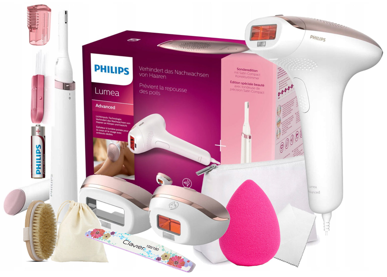 LARGE SET LASER EPILATOR PHILIPS LUMEA +2 CAPS + TRIMMER + ACCESSORIES