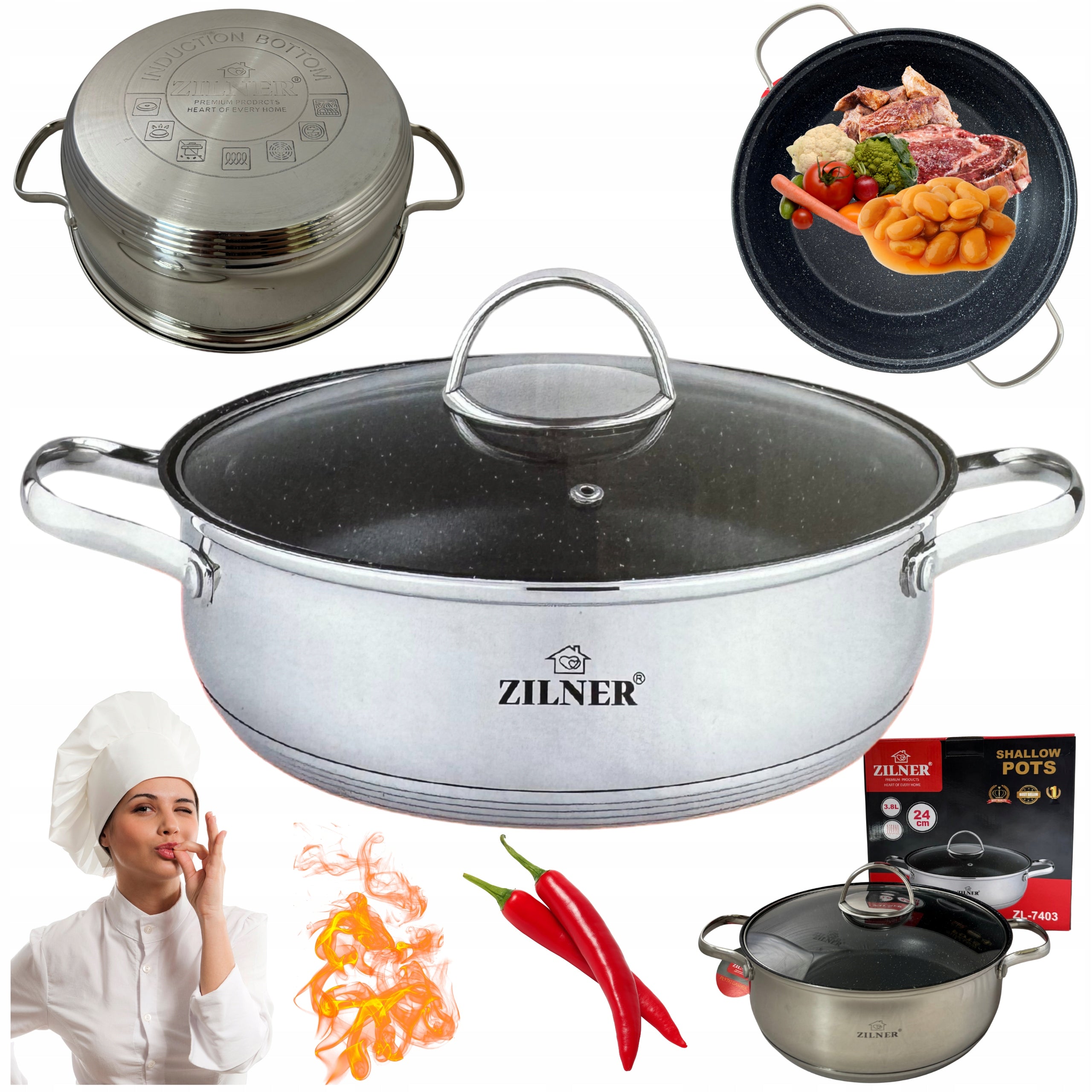 LARGE SOLID LOW WIDE SAUCEPAN pot WITH MARBLE COATING 26cm 5.0L