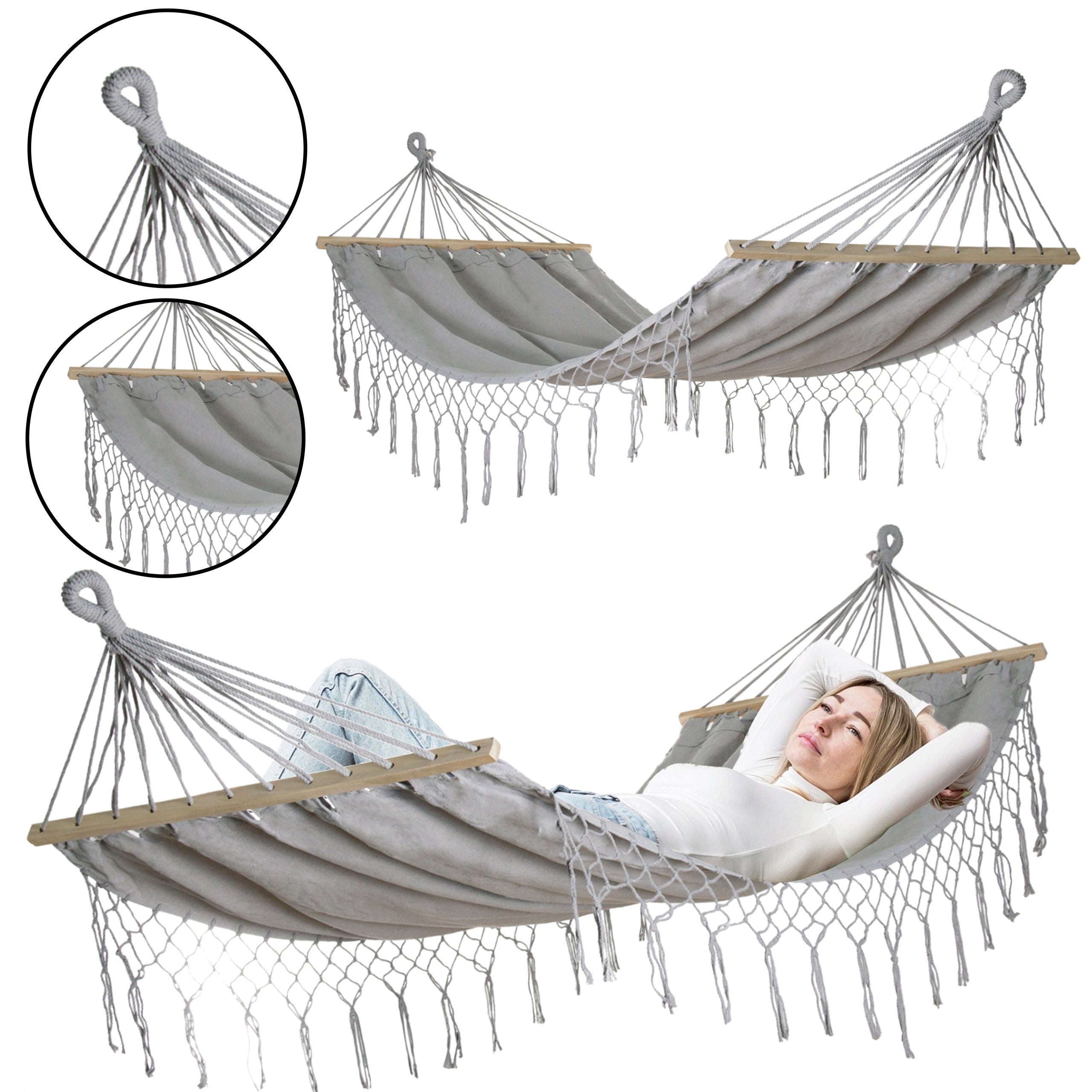 LARGE STRONG DURABLE GARDEN HAMMOCK BOHO SWING MILOS 2 200x100 GREY Manufacturer code 5.02.212085