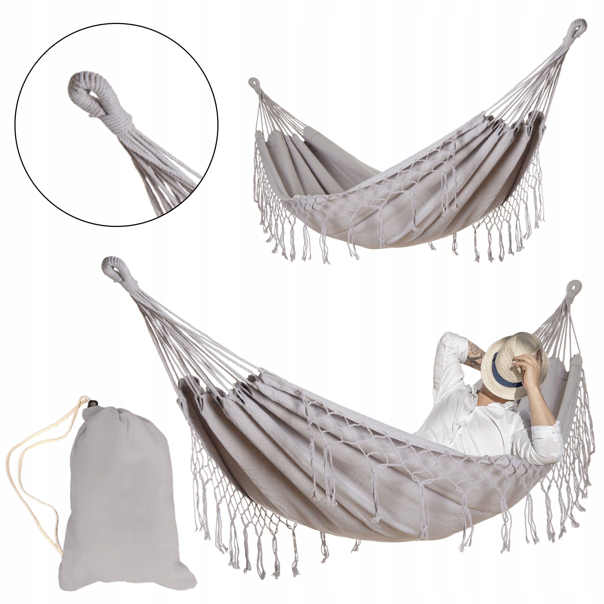 LARGE STRONG GARDEN HAMMOCK BOHO SWING MIDAS 3 100x200 GREY + COVER Packaging status original