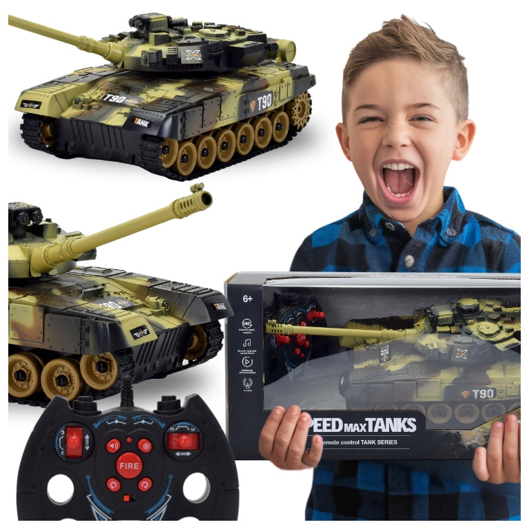 LARGE TANK REMOTE CONTROLLED ON REMOTE CONTROL RC AKU LIGHTS UP SOUND ROTATING TURRET
