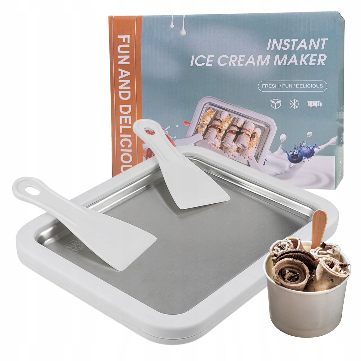 LARGE THAI ROLLED ICE CREAM MAKER COLD PLATE 26 X 21CM 2 SPATULAS