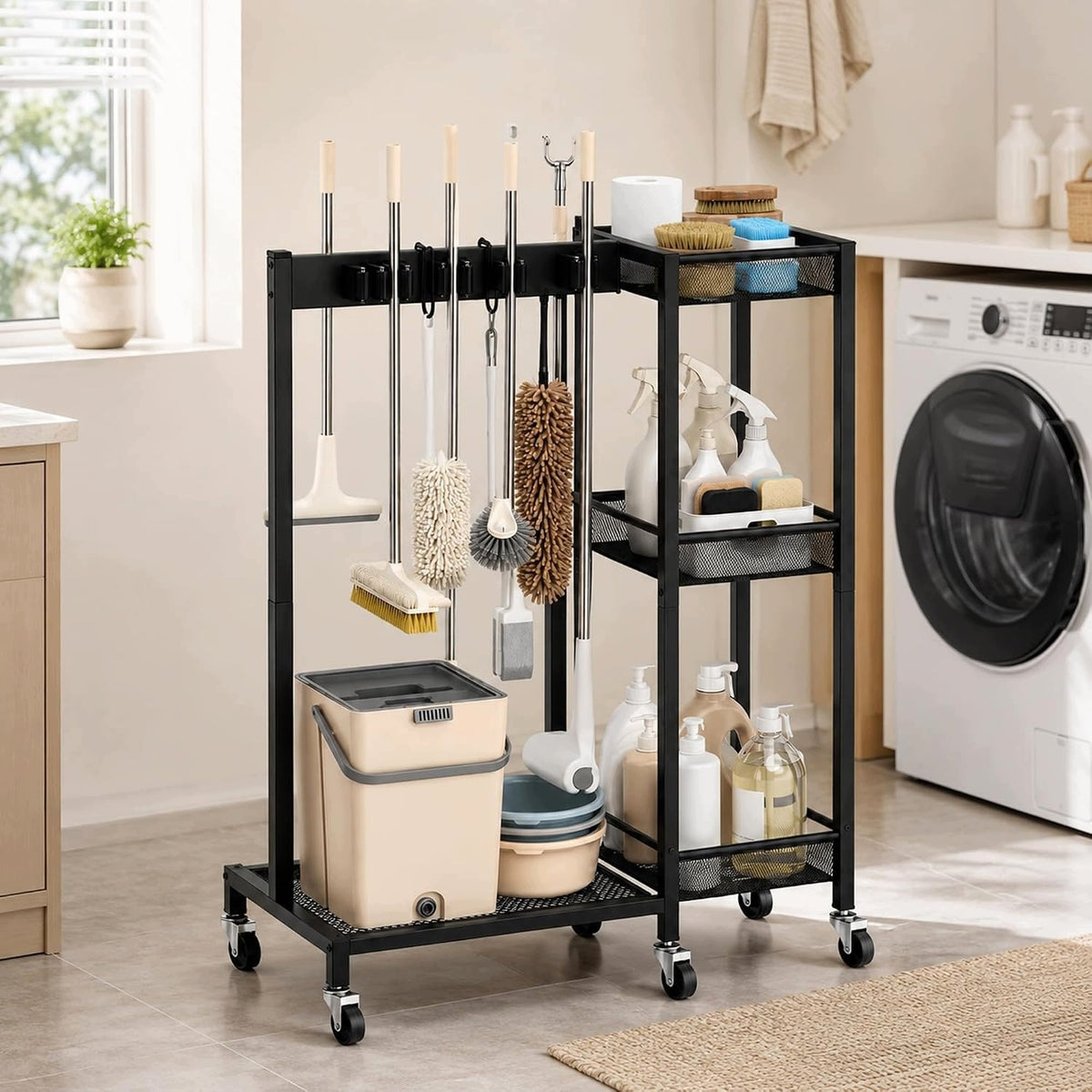 LARGE THREE-LEVEL CLEANING TROLLEY WITH HANGING HANDLES AND WHEELS Brand MA
