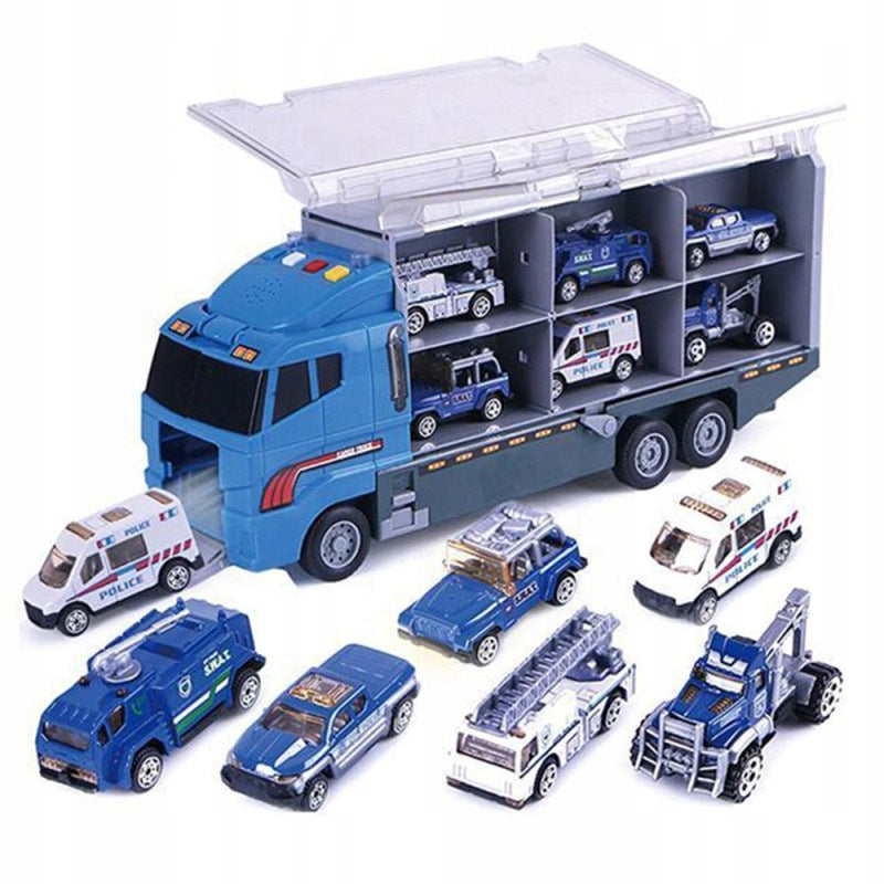 LARGE TIR TRANSPORTER GARAGE WITH 6 CARS POLICE LIGHT SOUND TOW TRUCK