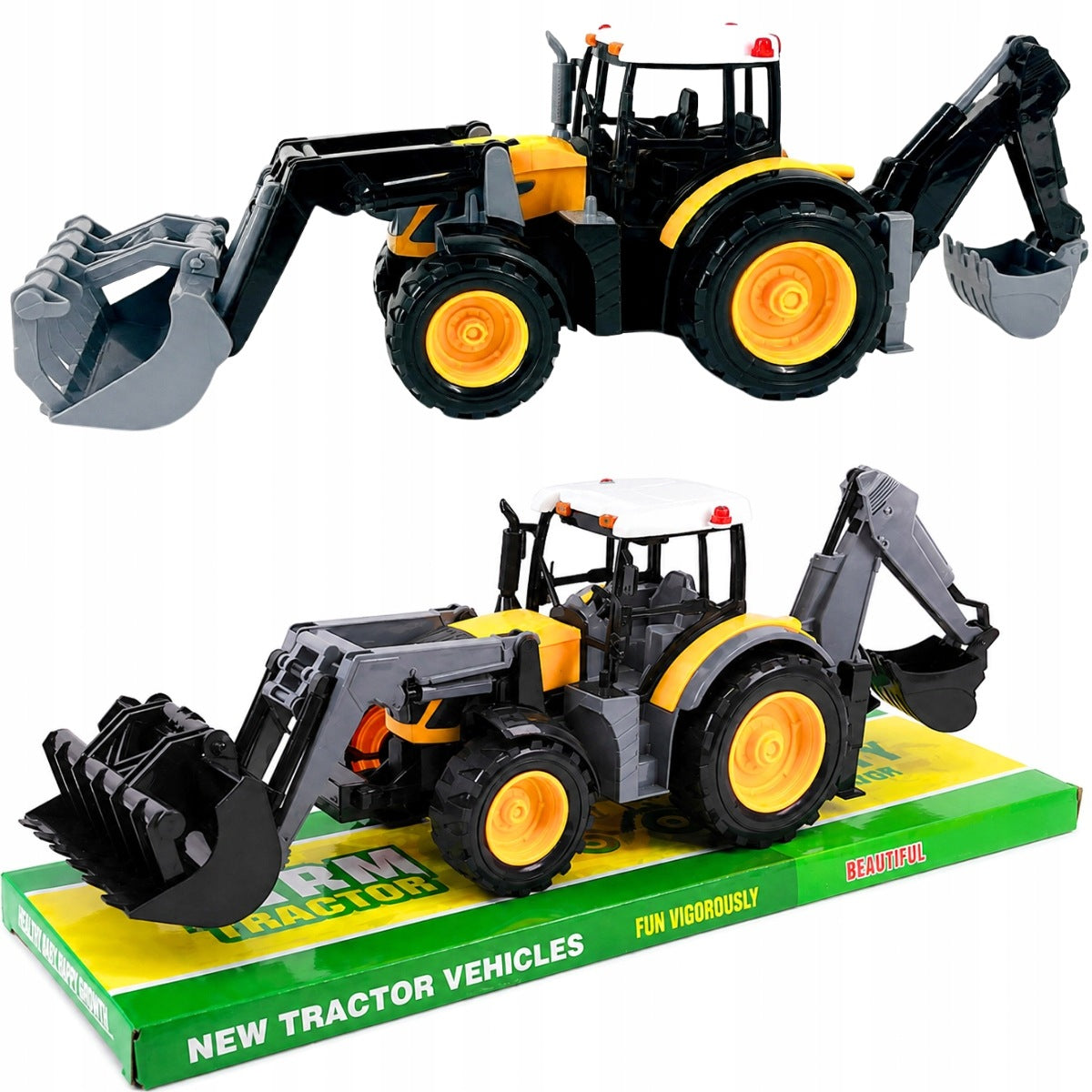 LARGE TRACTOR WITH EXCAVATOR AND BULLDOZER 43CM FRICTION DRIVE Packaging status original