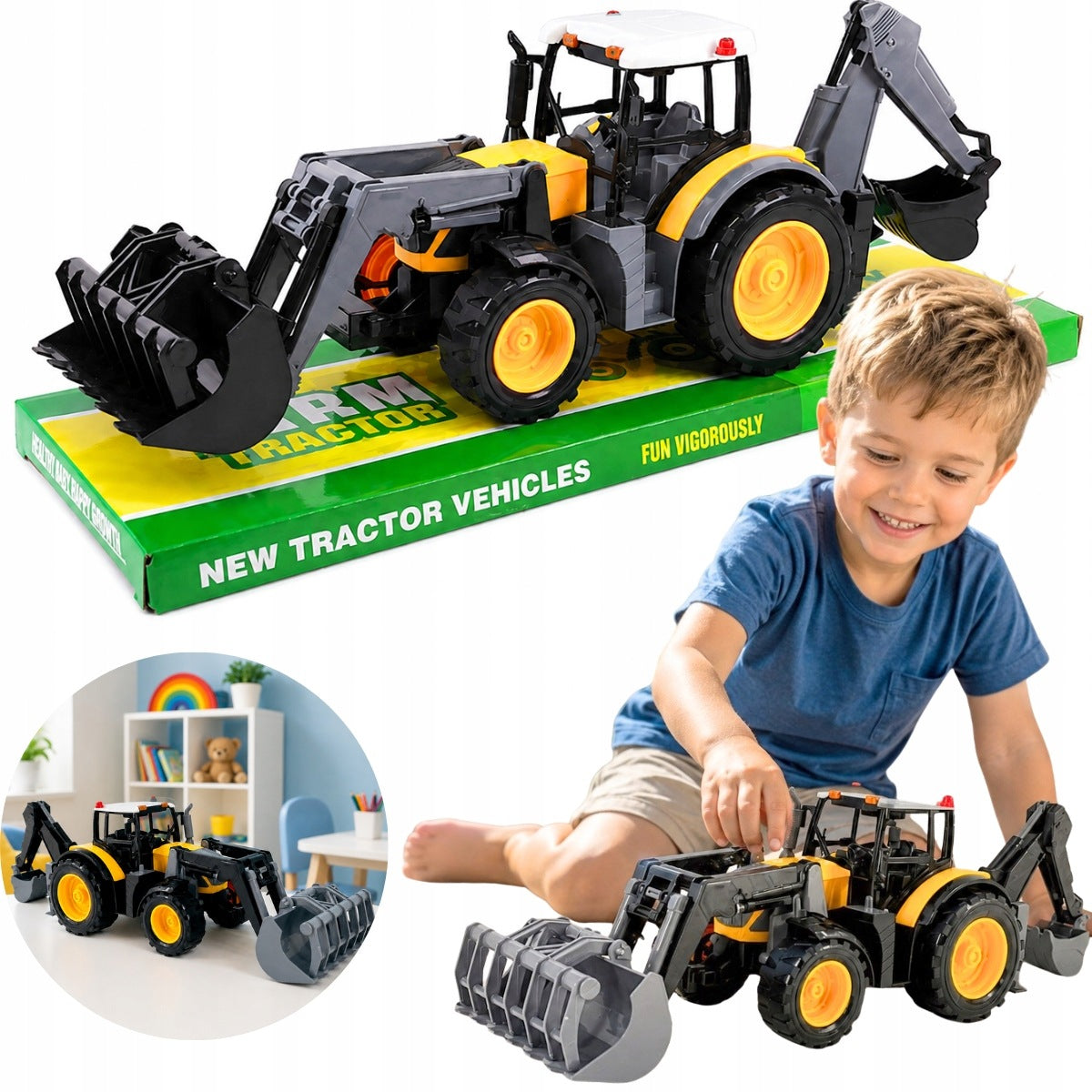 LARGE TRACTOR WITH EXCAVATOR AND BULLDOZER 43CM FRICTION DRIVE