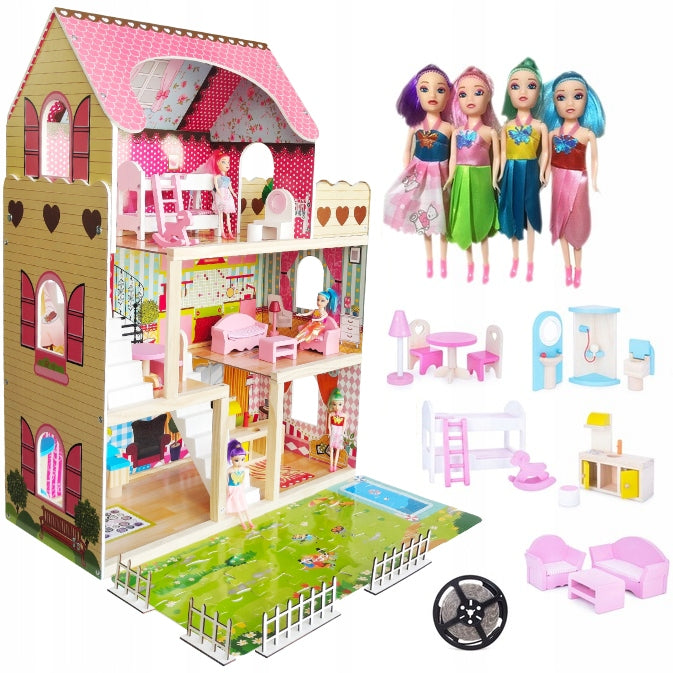 LARGE WOODEN DOLLHOUSE FURNITURE + DOLLS + LED EAN (GTIN) 5901000133000