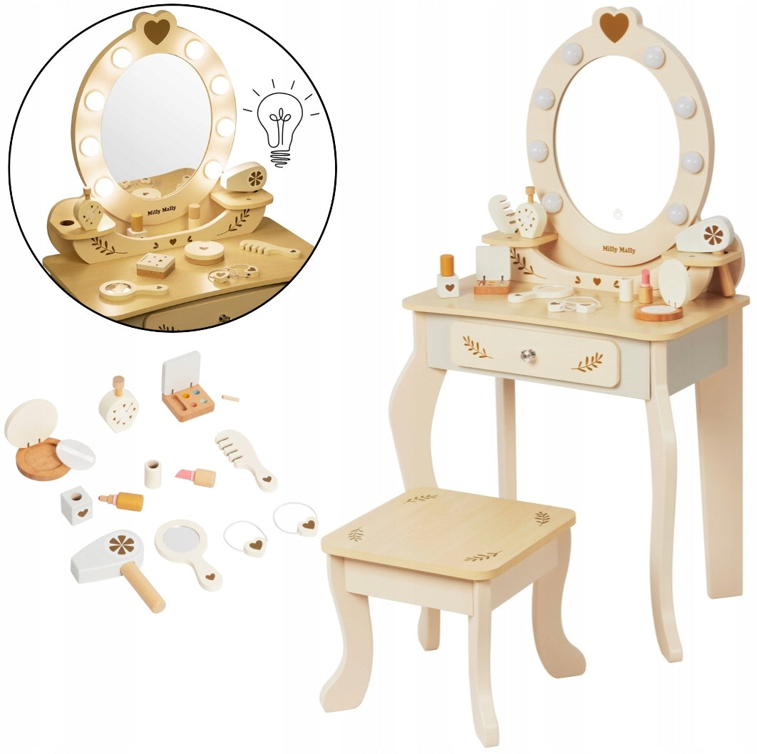 LARGE WOODEN DRESSING TABLE FOR CHILDREN WITH LED LIGHTING STOOL ACCESSORIES