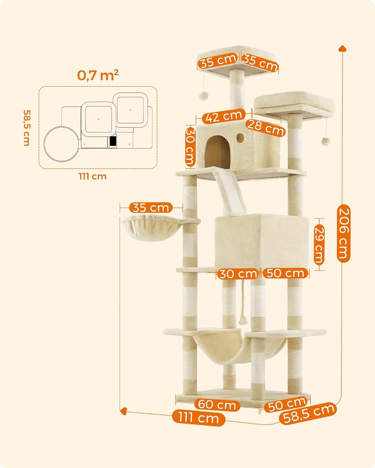 LARGE XXL cat scratcher HIGH tower house hammock 206cm multi-level BEIGE Brand Feandrea