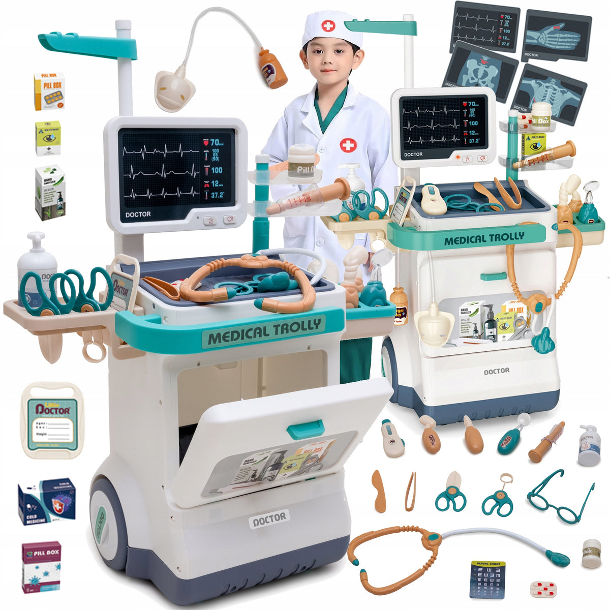 LARGE physician set STROLLER MEDICAL STATION Small Doctor HOSPITAL X-ray ECG 26 el