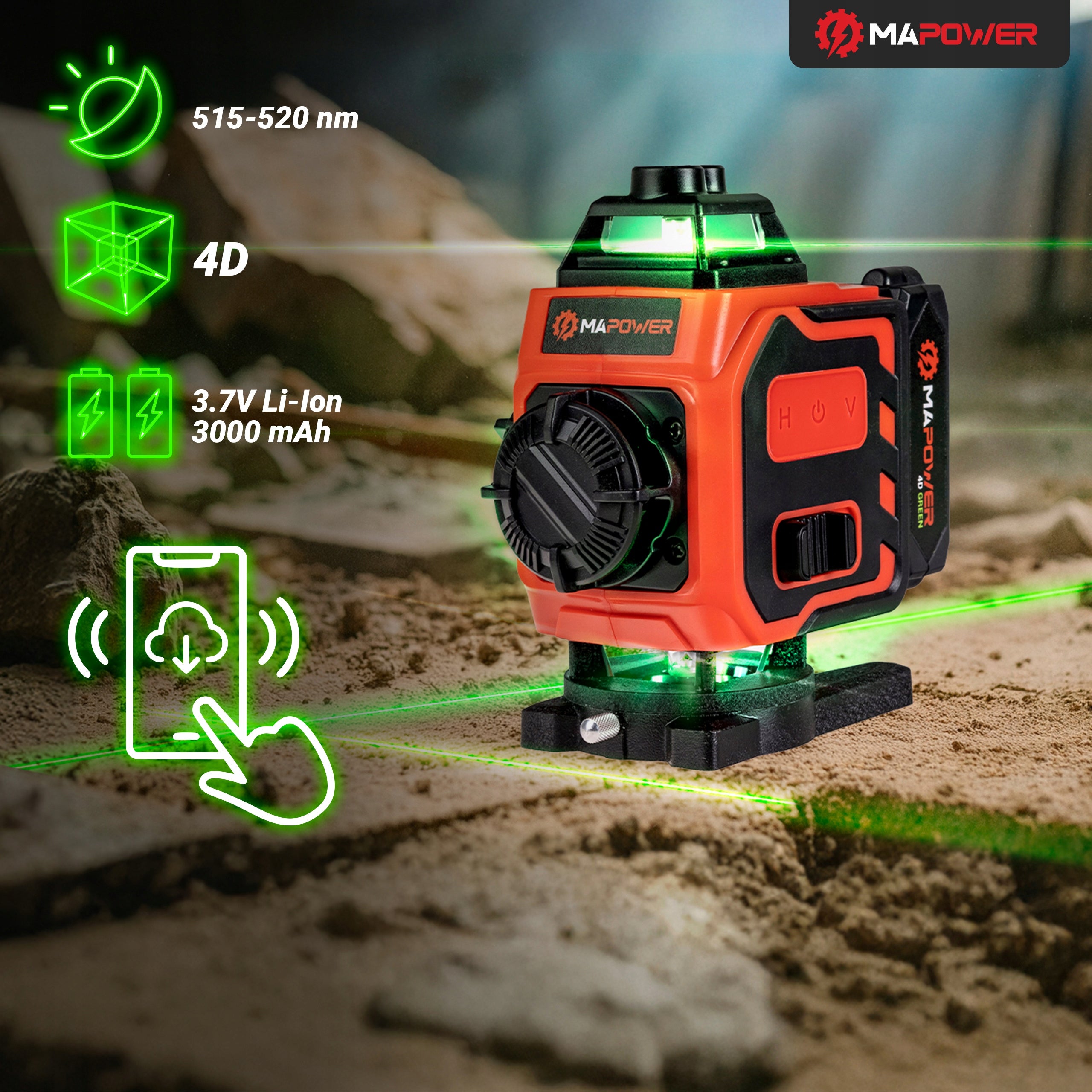 LASER CROSS LASER LEVEL 4D PLANE GREEN + TRIPOD 120CM Power supply rechargeable battery