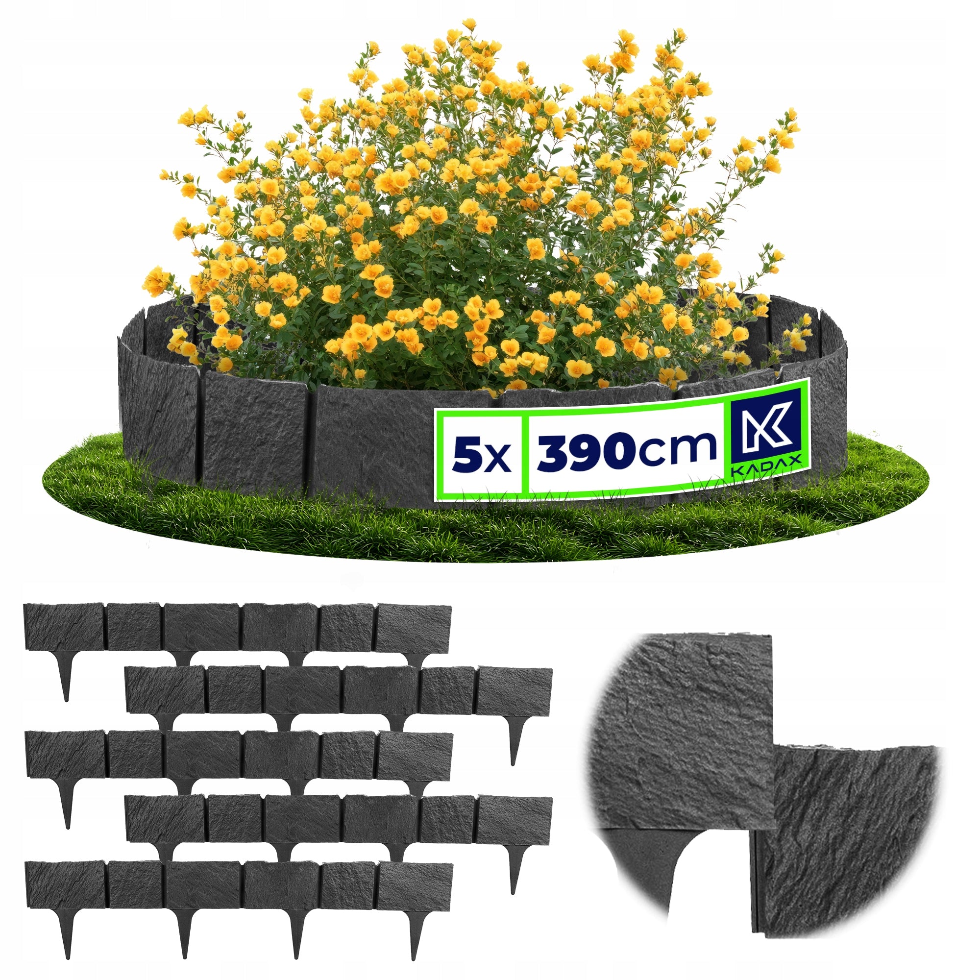 LAWN EDGING GARDEN PALISADE FENCE DRIVEN ANTHRACITE 390 cm 5 pcs