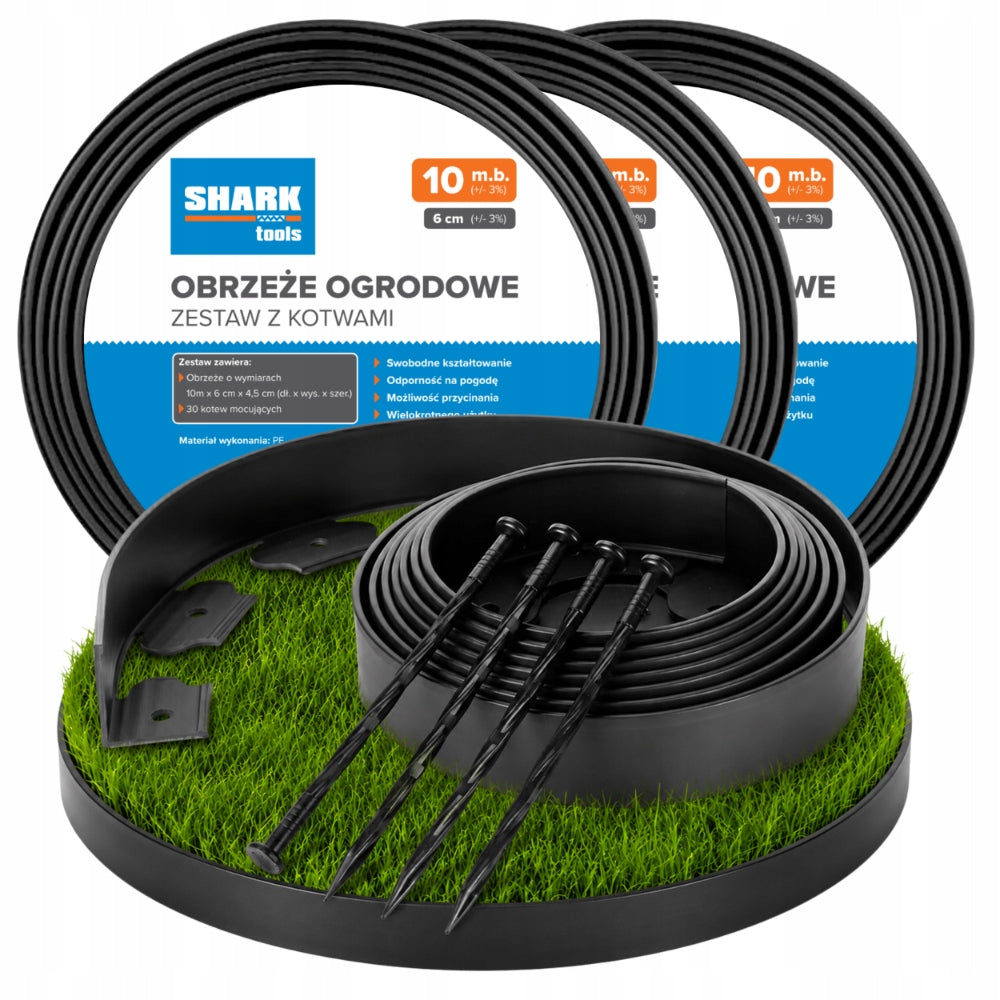 LAWN GARDEN EDGING 30m x 6cm (3x10m) + BLACK PLASTIC ANCHORS Manufacturer code obrzeże 1000cm trawnikowe ogrodowe 6cm