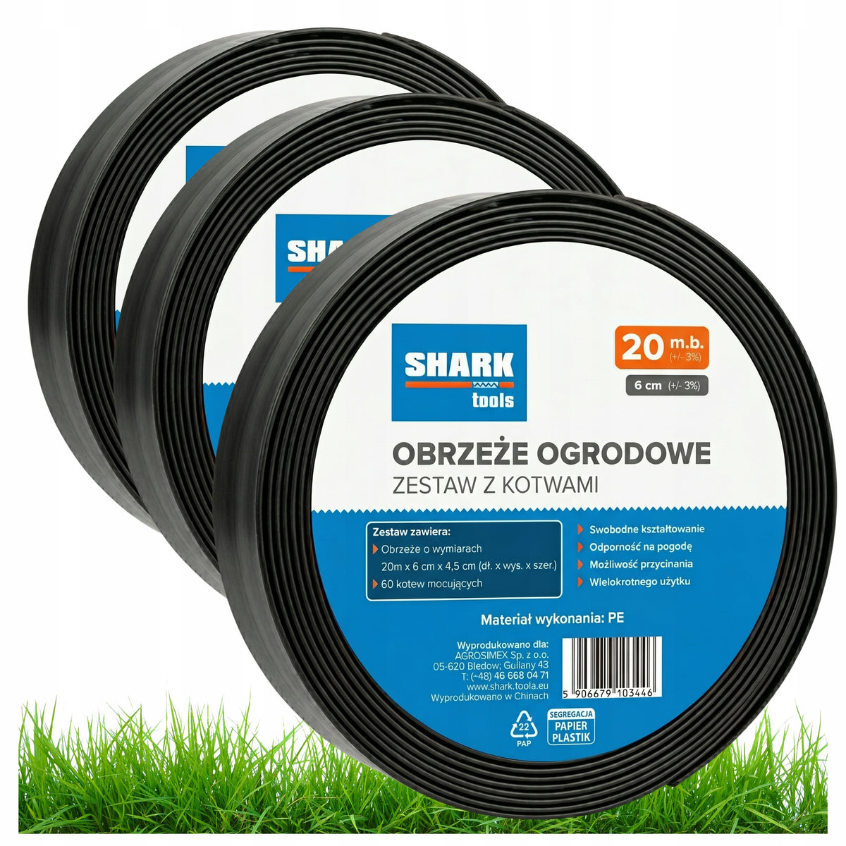 LAWN GARDEN EDGING 60m x 6cm (3x 20m) + BLACK PLASTIC ANCHORS