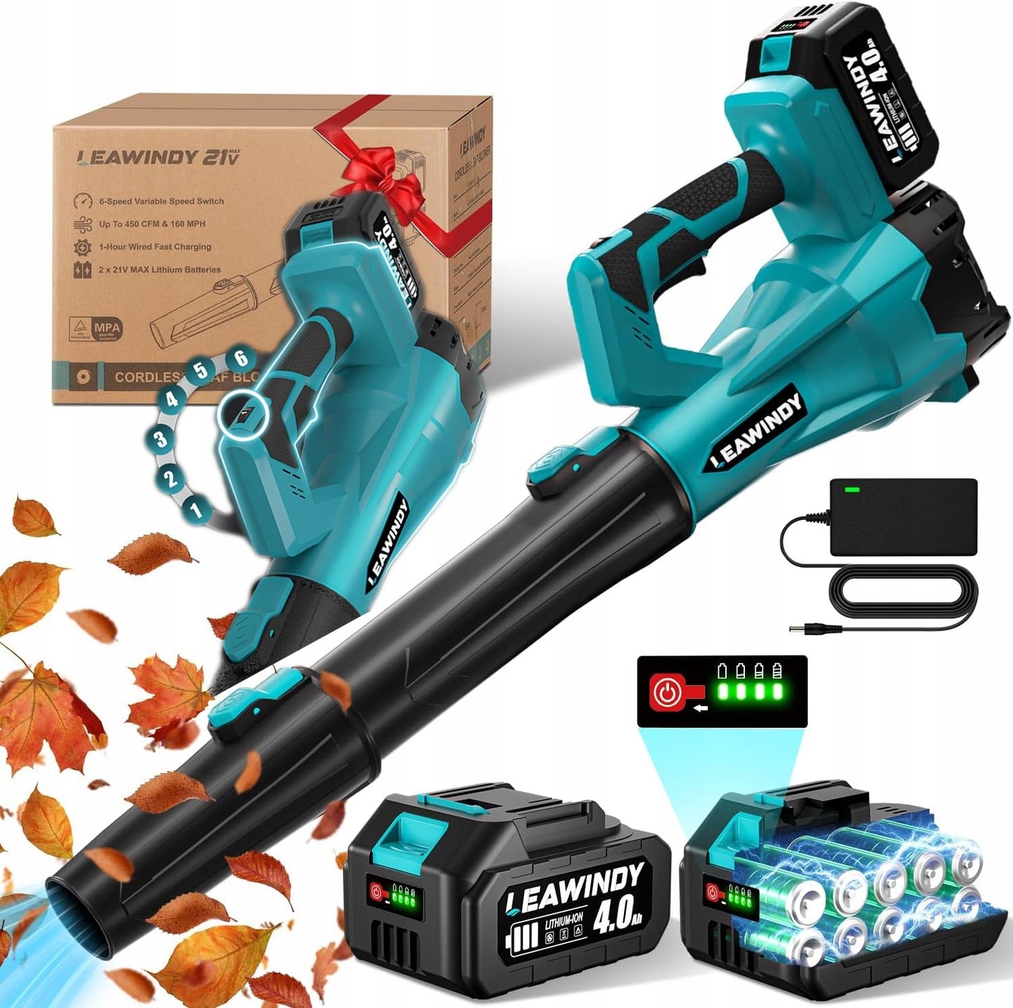 LEAF BLOWER ELECTRIC CORDLESS 21V 6 SPEEDS 2x 4Ah BATTERIES