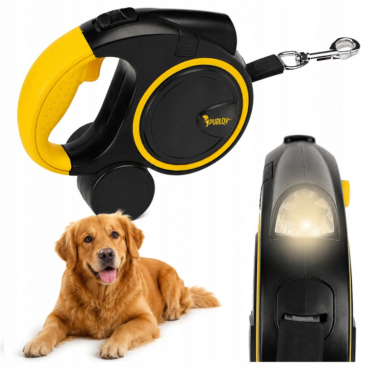 LEASH WITH DOG FLASHLIGHT AUTOMATIC 5M TAPE POUCH CONTAINER LOCK