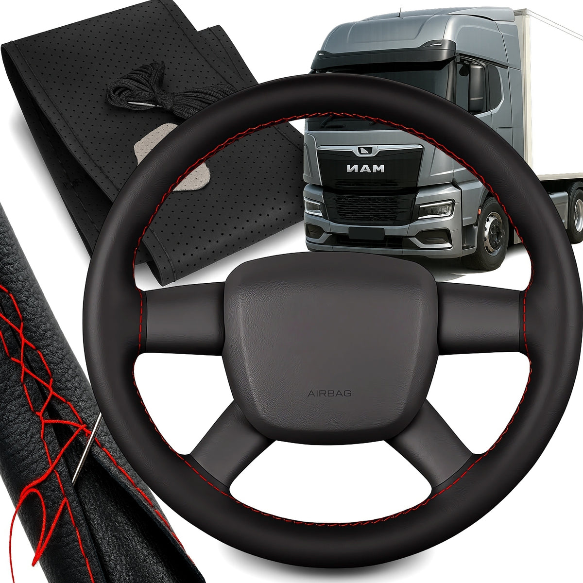 LEATHER STEERING WHEEL COVER DAF MAN VOLVO TIR