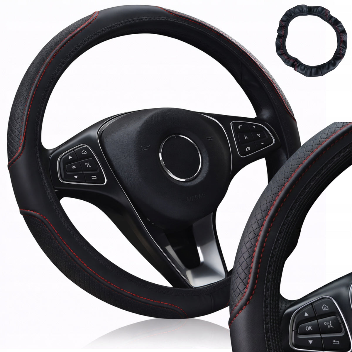 LEATHER STEERING WHEEL COVER WITH ECO-LEATHER ANTI-SLIP 36-38 CM RED