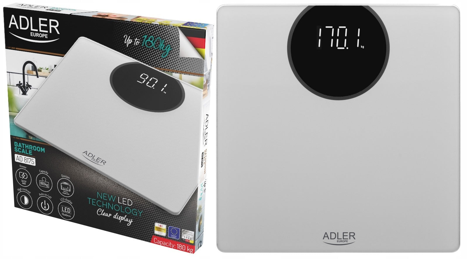 LED Bathroom Scale AD 8175 - Accurate 180kg, Tempered Glass