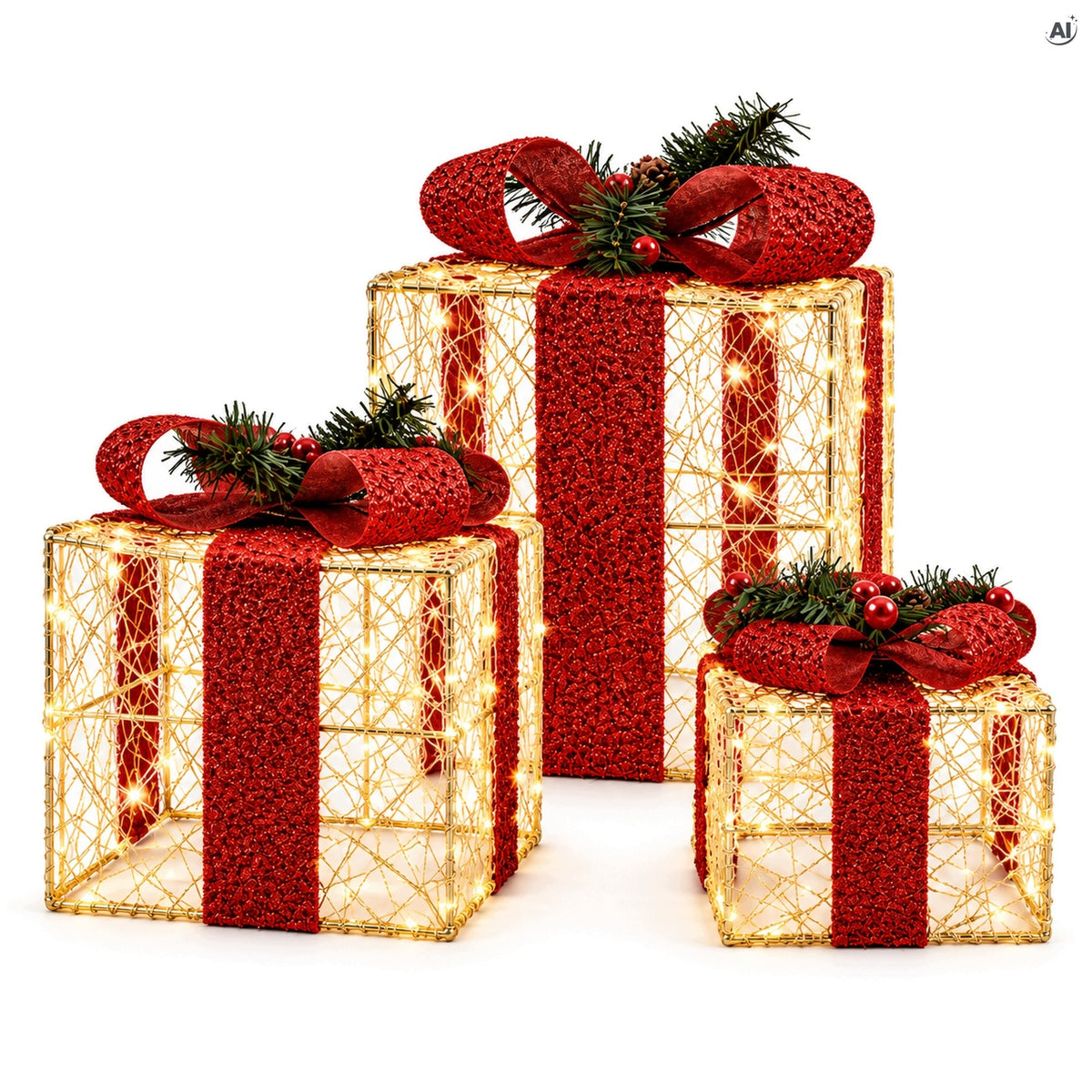 LED CHRISTMAS GIFTS 3 PACK ILLUMINATED BOXES CHRISTMAS TREE DECORATION