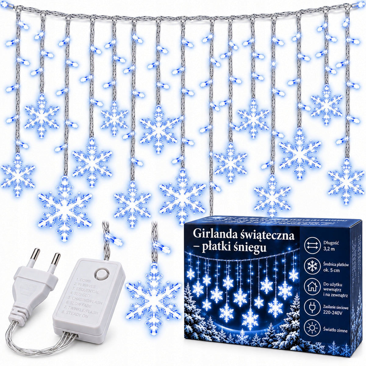 LED Christmas GARLAND 3,2M Snowflakes Curtain WINDOW LIGHTS COLD