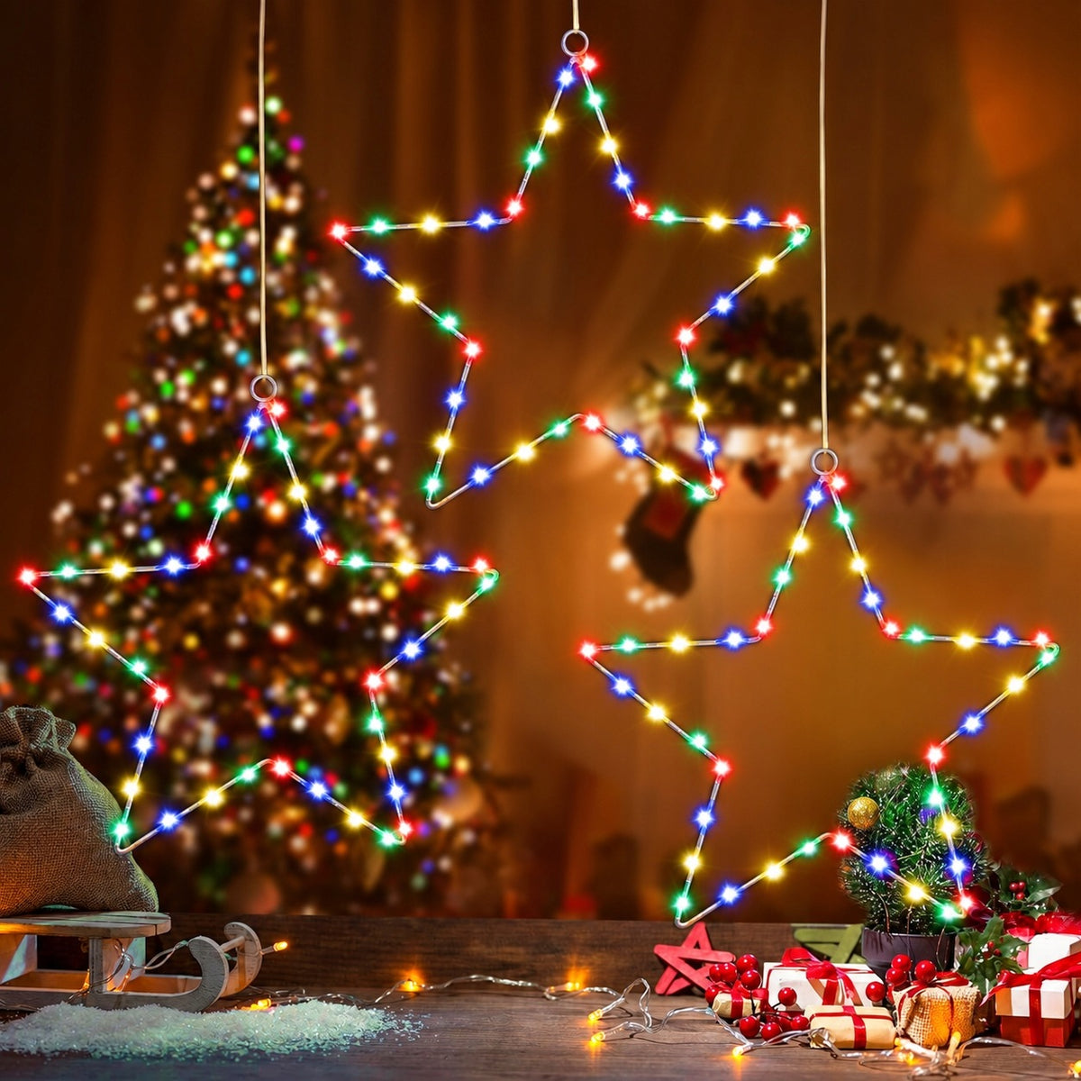 LED Christmas Tree Lights Christmas Star Ornaments 3 Pcs for Window Batteries IP44 Packaging status original