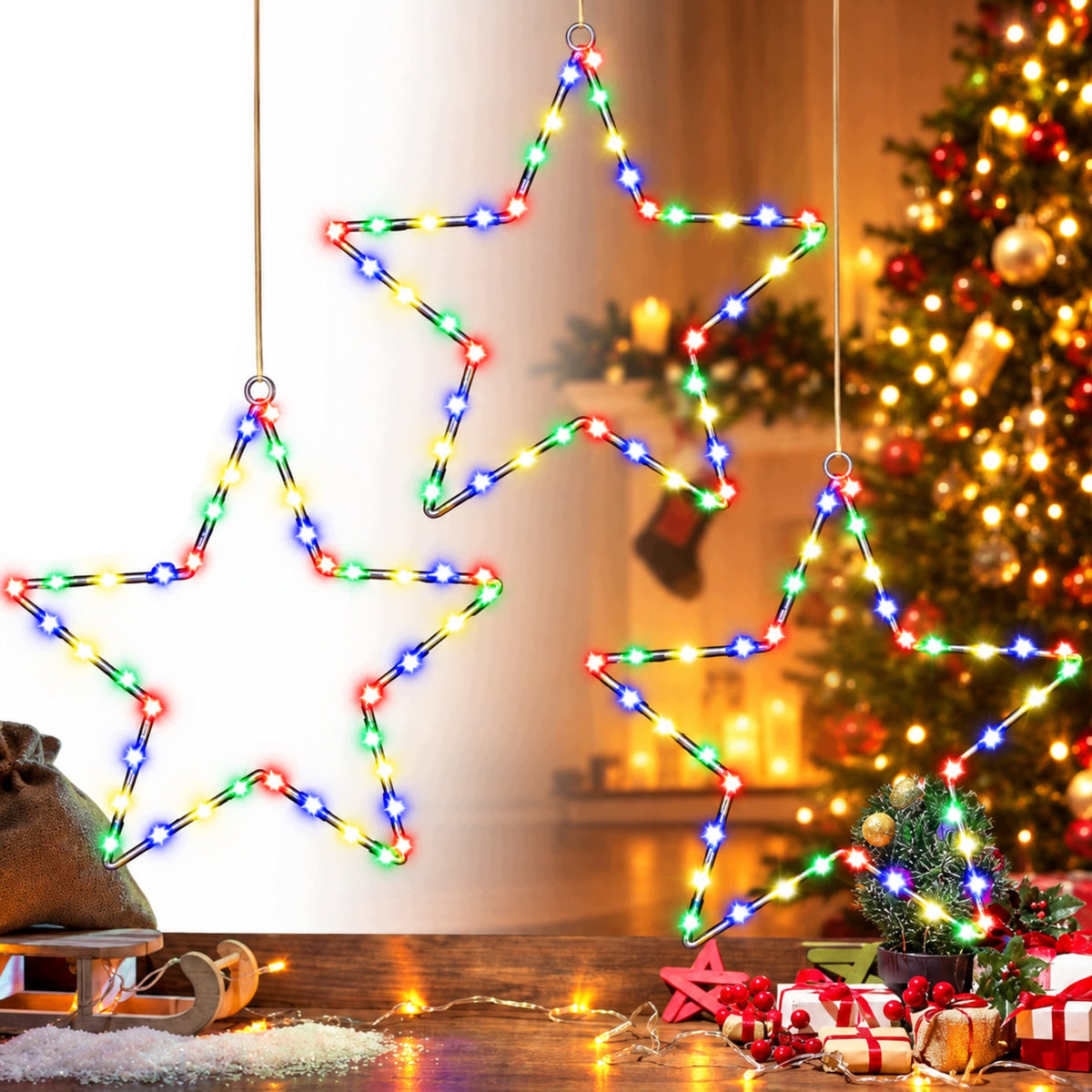 LED Christmas Tree Lights Christmas Star Ornaments 3 Pcs for Window Batteries IP44