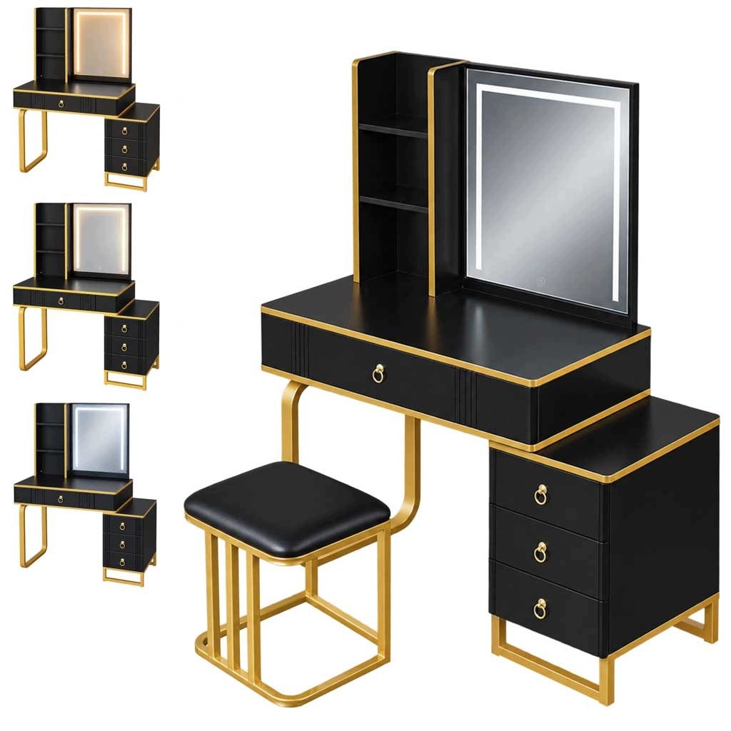 LED Cosmetic Mirror Dressing Table with Cabinet Lighting Stool Black-Z Manufacturer code 5903039774636