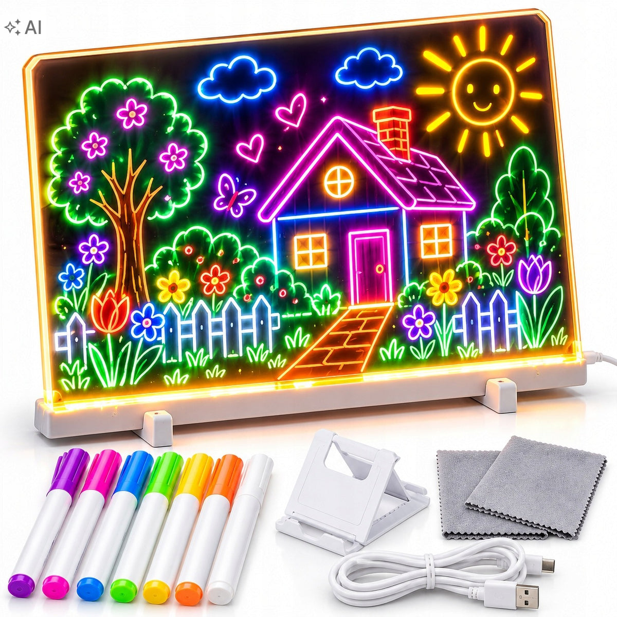 LED DRAWING BOARD BACKLIT 30X20 CM 7 PENS USB STAND SET